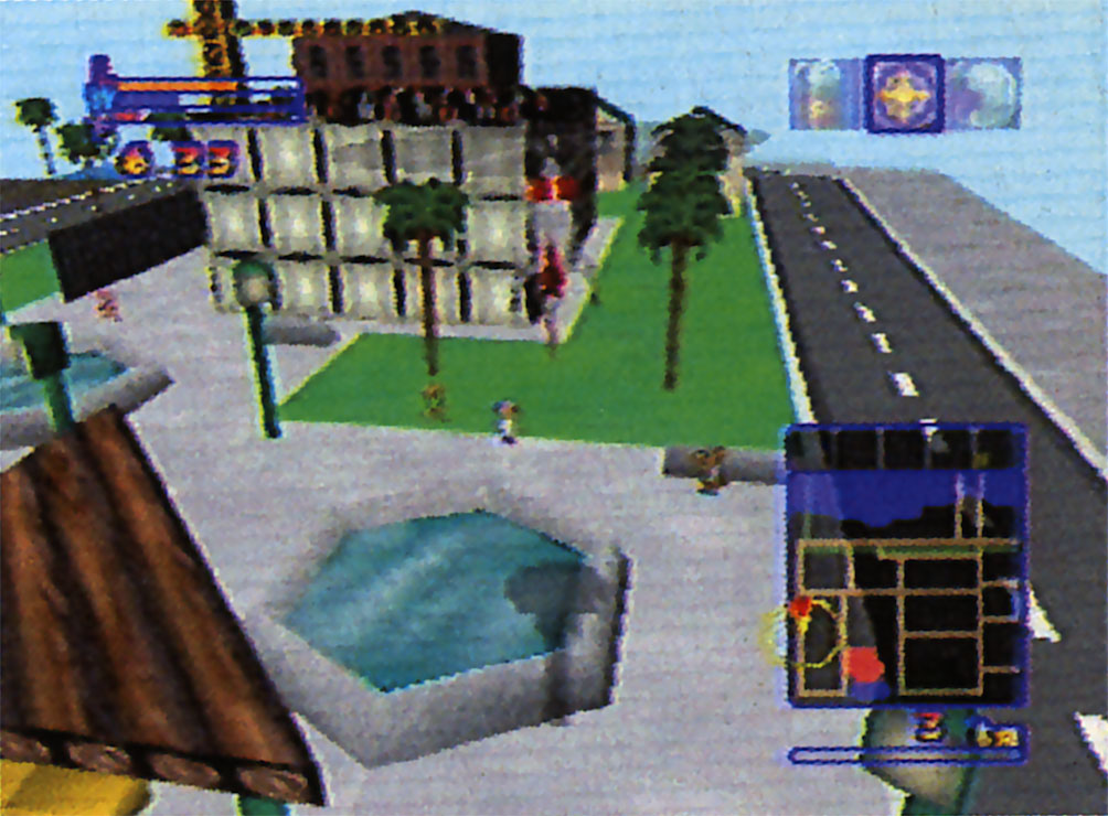 A helicopter flying through California. Palm trees line the side of the road. The rendering distance is especially shallow in the screenshot, with a large chunk of the screen covered in fog.
