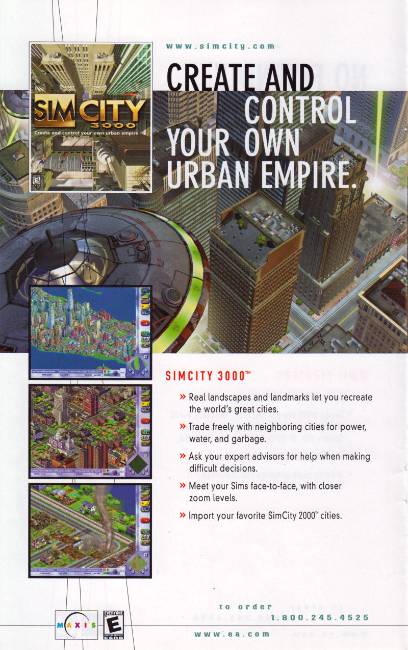 An advertisement for SimCity 3000 featured in the Electronic Arts PC Entertainment Catalog from 2000. Th tagline for the game is "Create and control your own urban empire."