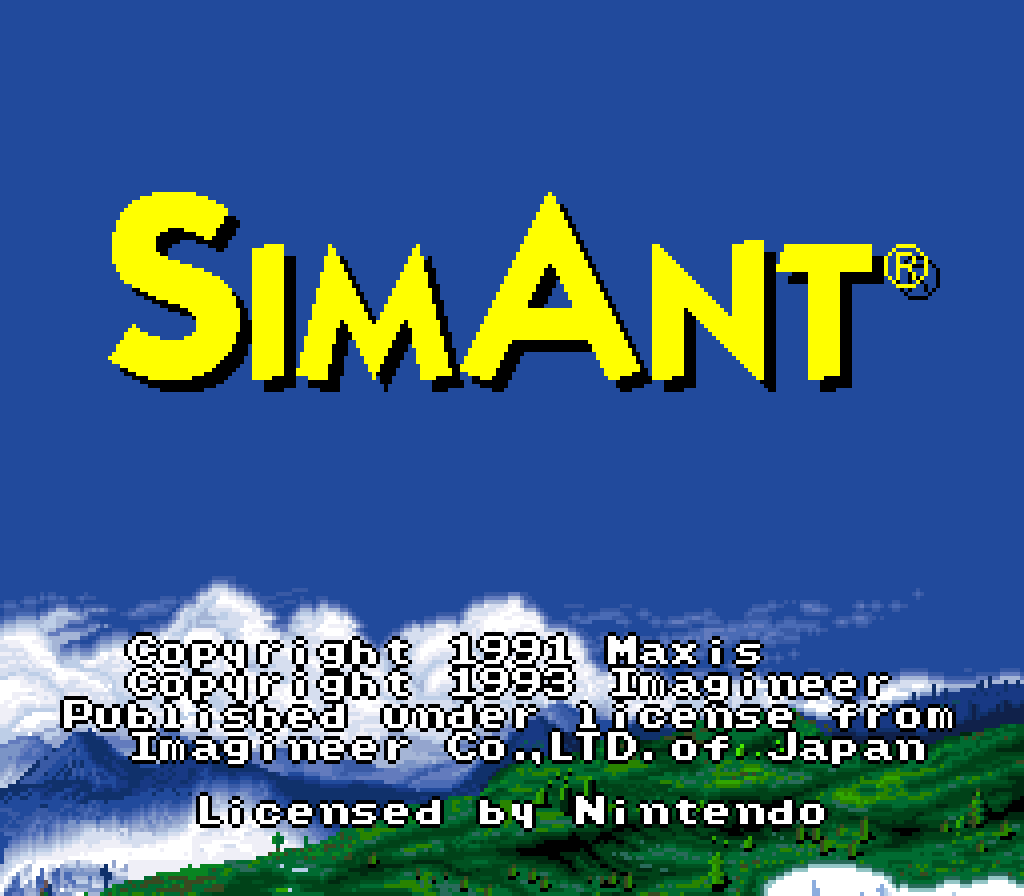 Title screen for the Super Nintendo version of SimAnt, looking at over a hilly wilderness. "Published under license from Imagineer Co., LTD. of Japan"