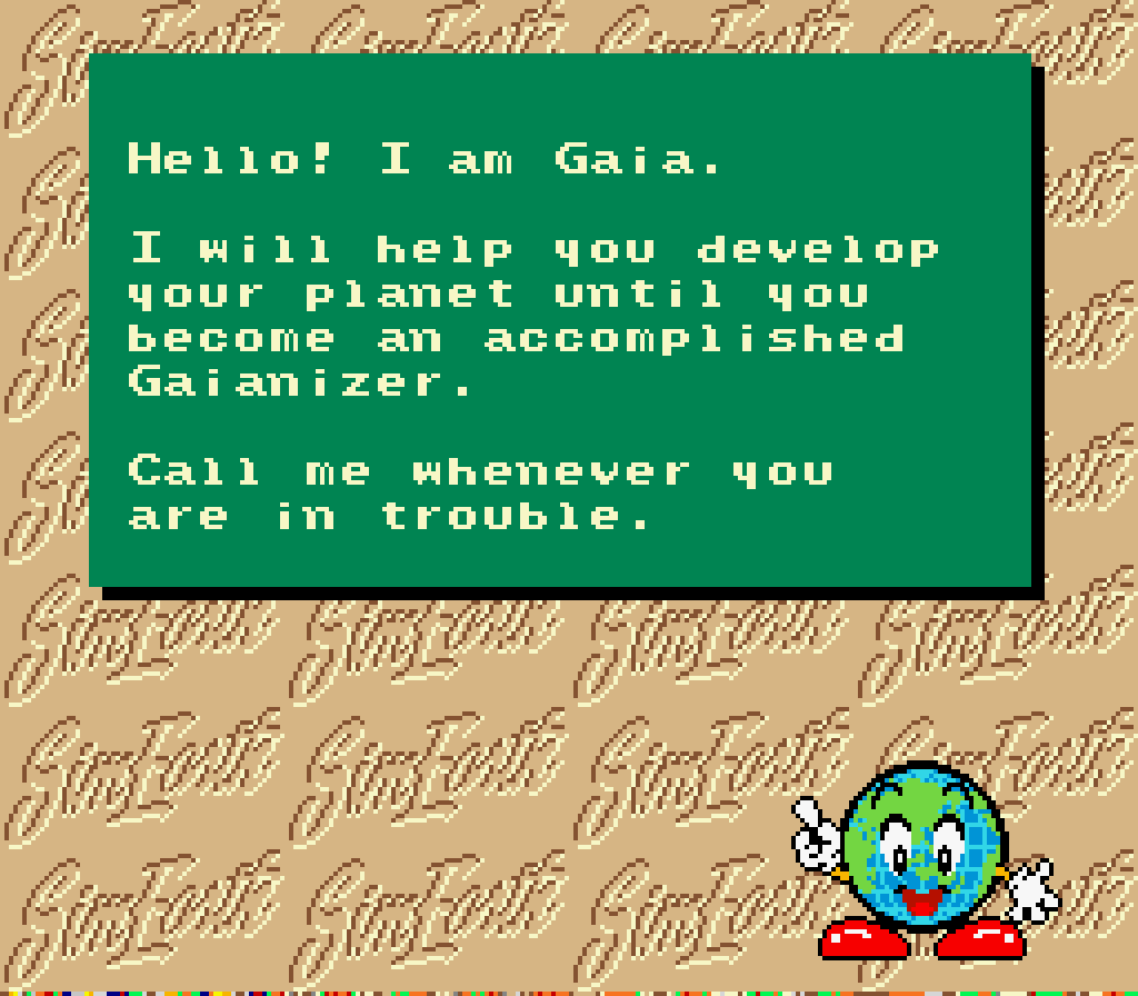 An introductory screen from SimEarth for Super Nintendo. A cute anthropomorphized earth named Gaia is giving instructions to the player.