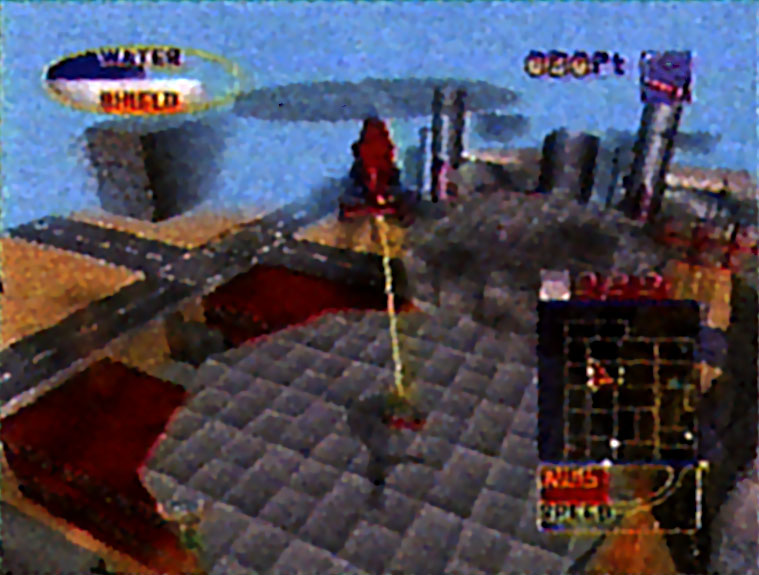 A helicopter rescuing civilians from the top of a factory. Compared to earlier versions of SimCopter 64, this version has an updated HD featuring a helicopter speed gauge and an ellipse-shaped meter that combines water and shield levels.