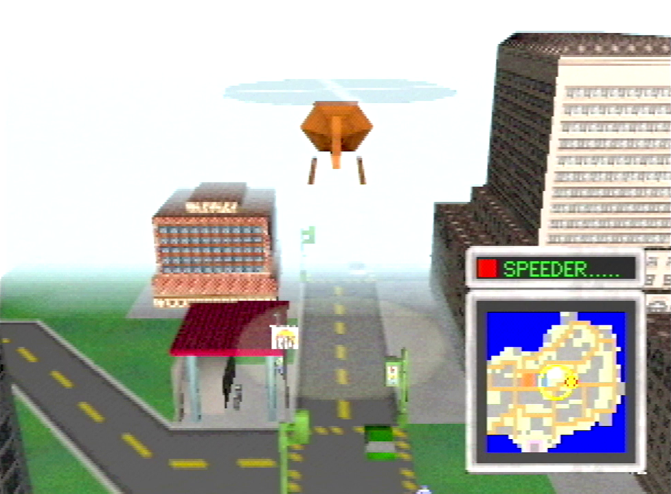 A third-person view of a city street. The fog cuts into view after one block.