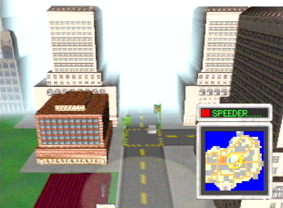 A first-person view of a city street. The fog has been pushed back half a block, revealing several tall buildings not visible in the previous view.
