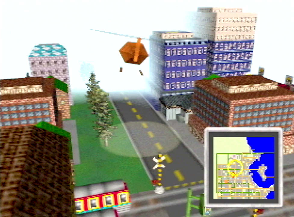 A helicopter flying through a city street. An assortment of structures and features are visible in this scene, including a few commercial buildings, a police station, and a railroad crossing with a train car passing by.