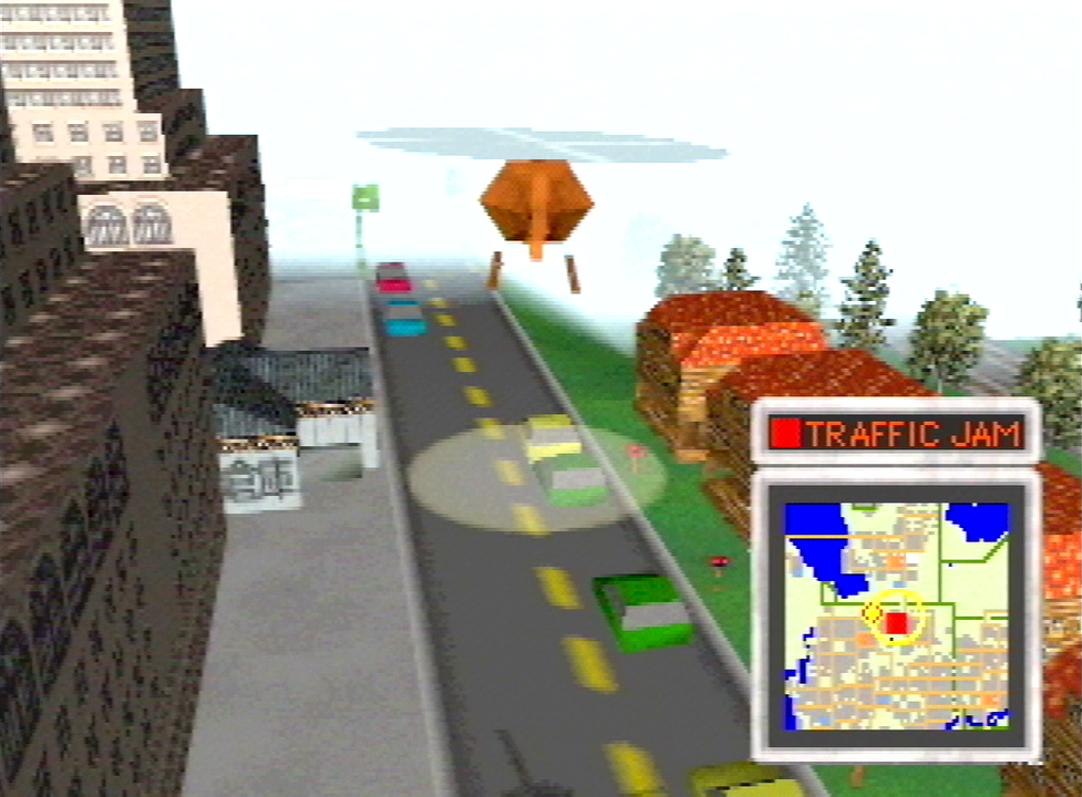 A traffic jam on a city street. The front car is holding up at least two other vehicles. A notice with a red light next to the in-game map says "Traffic Jam."