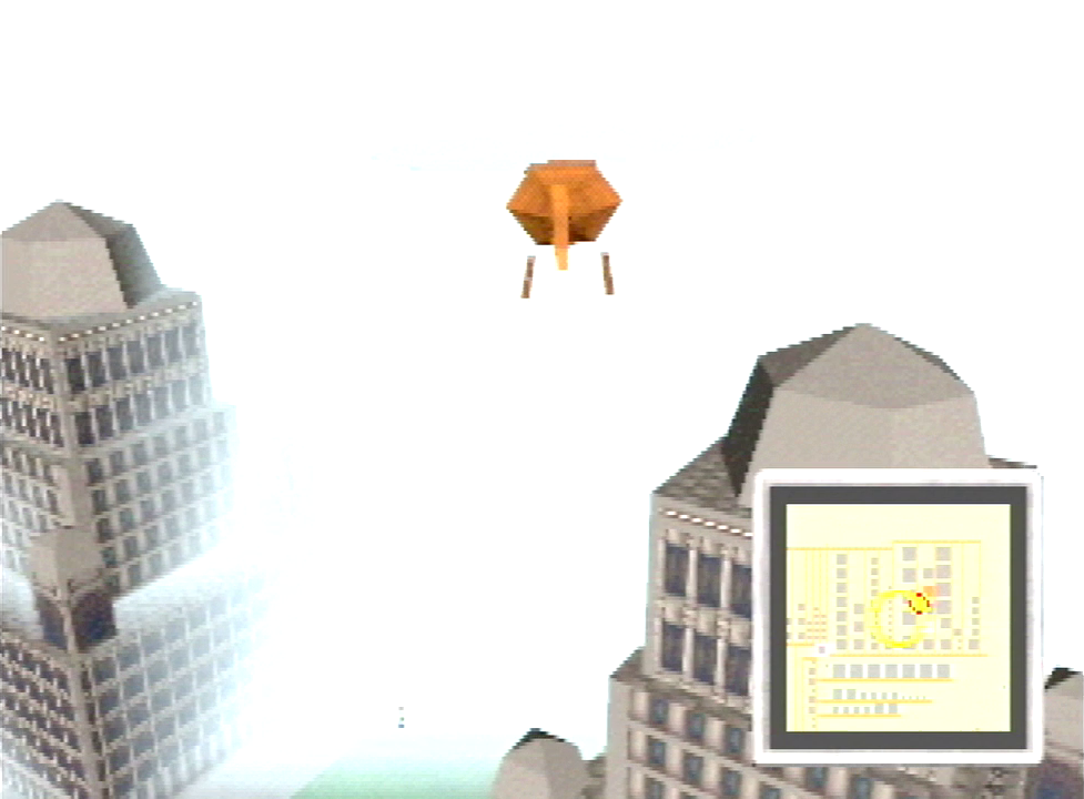 A helicopter flying above two tall buildings. Almost the entire scene is covered in fog except for the tops of the buildings.