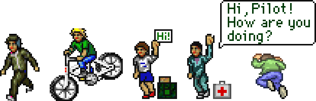 An assortment of character sprites from SimCopter 64. Most of the characters have thin red mouths, in the same style as the sprites from SimTown. There are two other unusual sprites: a speech balloon that says "Hi, Pilot! How are you doing?' and a man in a green shirt who has fallen face-down on the ground.