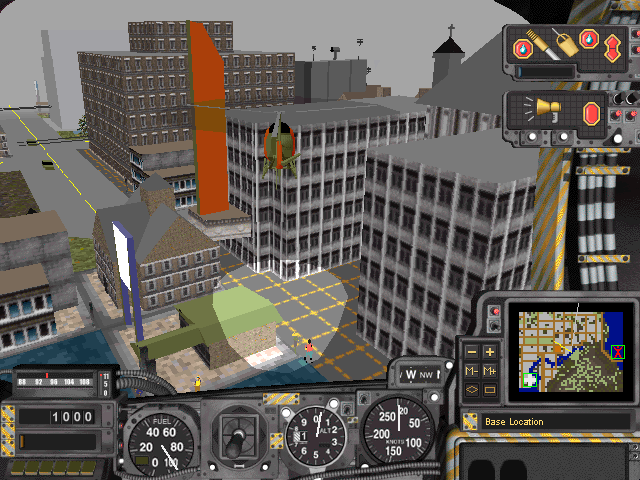 A view of an office building on a street corner with a movie theater marquee attached to the exterior. This screenshot is from the PC version of SimCopter. Apart from the burnt orange movie marquee, the most common color in the scene is gray, including the sky, making the scene appear overcast.