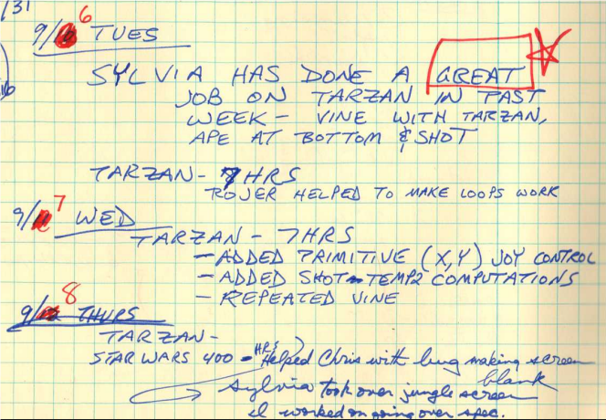 Handwritten notes from Henry Will's design notebook regarding Tarzan.
