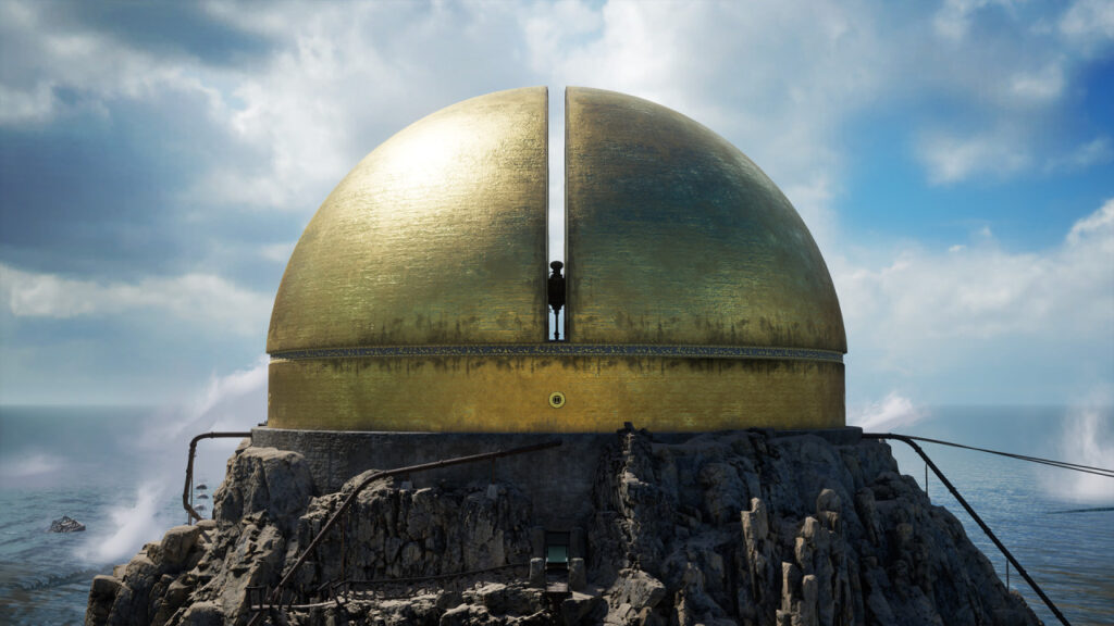 A large, tarnished, golden dome sitting on a rocky island.