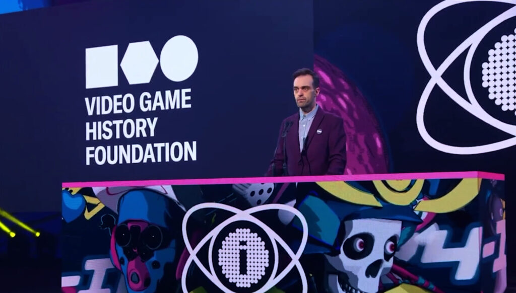 Frank Cifaldi presenting at the Independent Game Festival Awards in 2024.