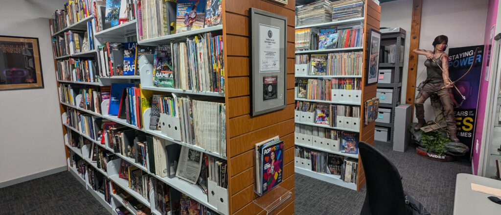 A wide-angle shot of the Video Game History Foundation Library.