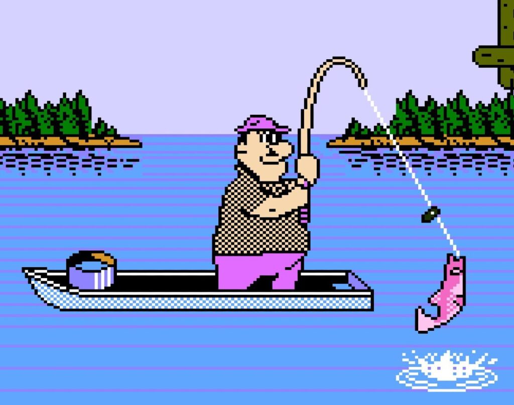 Pixel art of a man fishing on a lake.