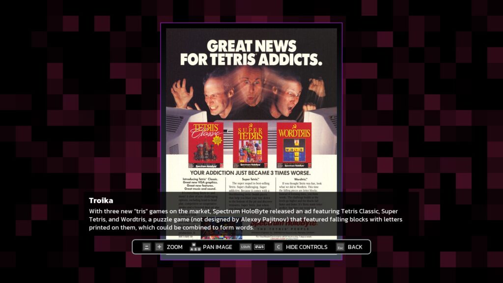 An ad for Tetris Classic, Super Tetris, and Wordtris, as seen in the interactive documentary Tetris Forever.