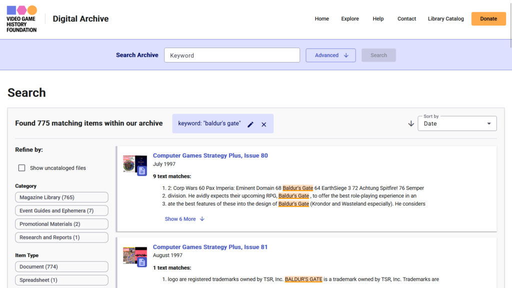 A screenshot from the Video Game History Foundation's digital archive system. A search for Baldur's Gate has returned 775 items, and each result shows where the phrase "Baldur's Gate" appears in the text of the item.