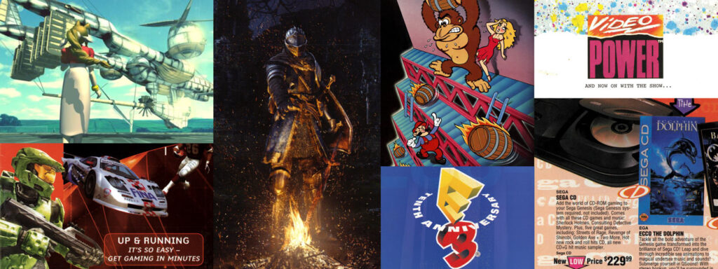 In clockwise from the upper-left: Aerith standing in front of the Highwind from Final Fantasy VII; the key art from Dark Souls Remastered; a flyer for Donkey Kong; a letter from the TV show Video Power; a catalog listing for the Sega CD; the cover of a guidebook for the Electronic Entertainment Expo; and a promotional brochure for Xbox Live.