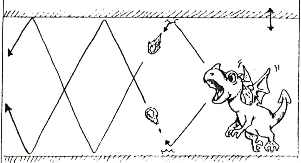 A drawing from a design document, showing a dragon boss that shoots fireballs.