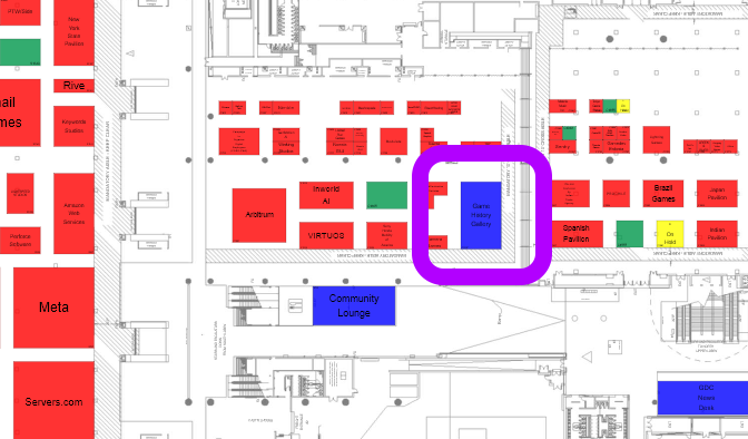 A map of the GDC expo hall, highlighting the VGHF booth.