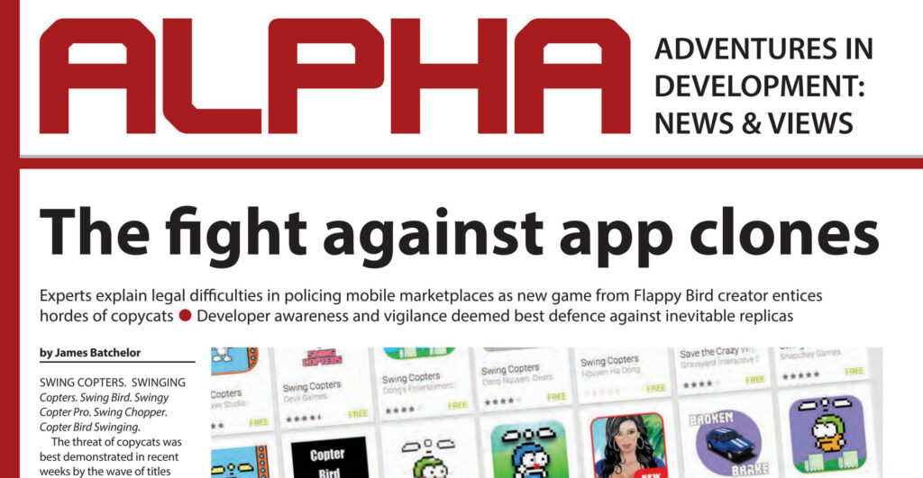 An article from Develop titled "The fight against app clones," highlighting the wave of copycat games released in the wake of Flappy Bird.