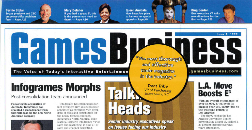 The front page of Games Business from June 1, 1999, featuring a combination of business news and interviews.