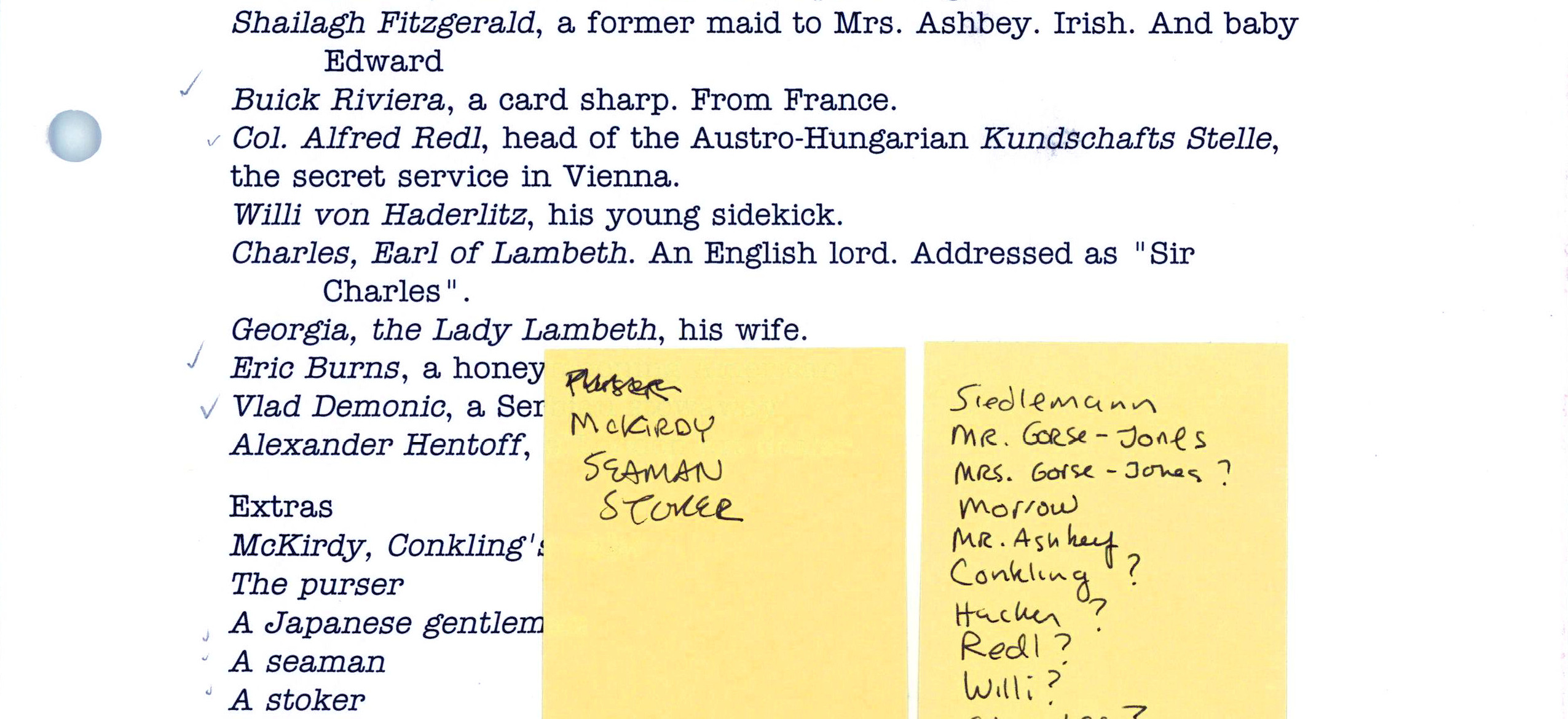 A list of characters from the introduction of a script, including:

Shailagh Fitzgerald, a former maid to Mrs. Ashbey. Irish. And baby Edward.
Buick Riviera, a card sharp. From France.
Col. Alfred Redl, head of the Austro-Hungarian Kundschafts Stelle, the secret service in Vienna.
Willi von Haderlitz, his young sidekick.
Charles, Earl of Lambeth. An English lord. Addressed as "Sir Charles".
Georgia, the Lady Lambeth, his wife.
Eric Burns,
Vlad Demonic.
Alexander Hentoff.