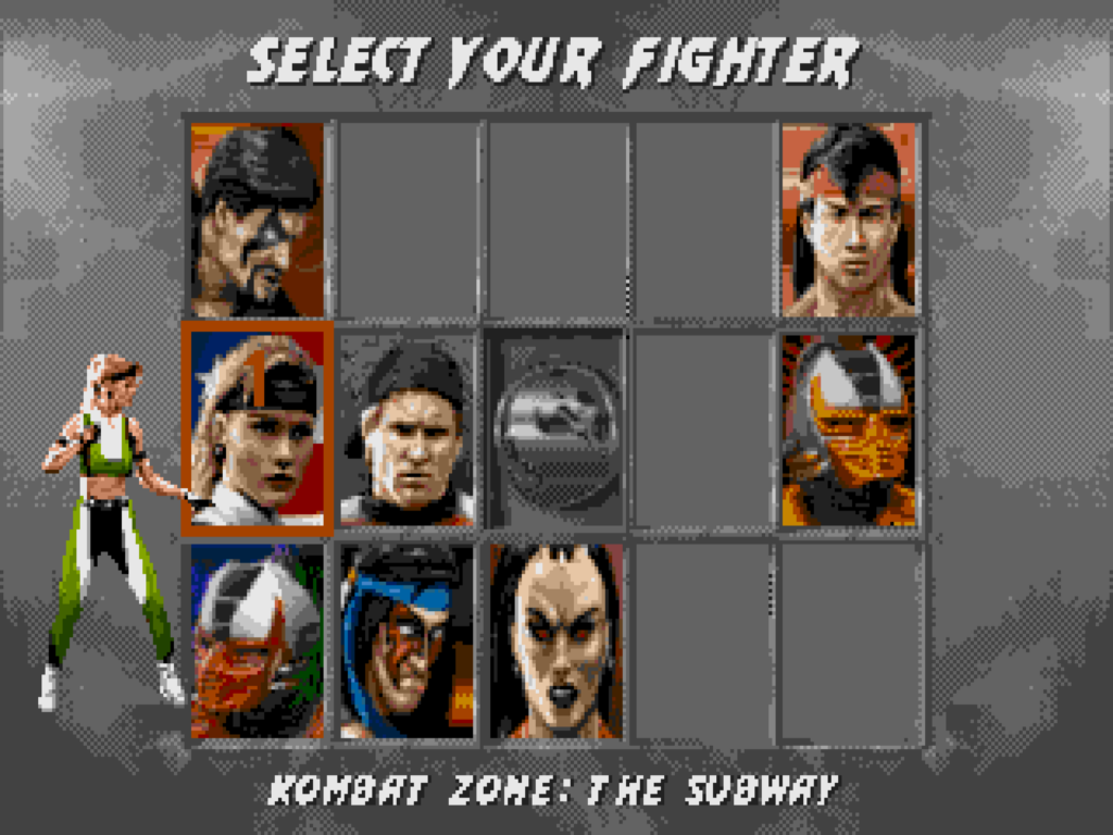 The character select screen from Mortal Kombat 3. Six characters have been omitted, including Jax, Sub-Zero, and Kano.