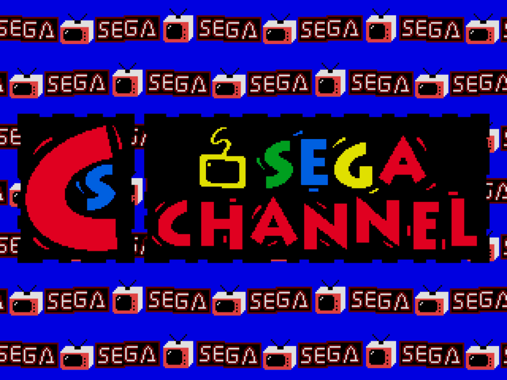 The splash screen for Sega Channel, using a playful font and primary colors. The background contains a repeated pattern of televisions and the name Sega.