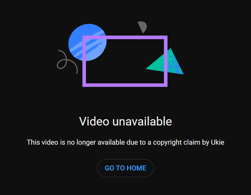 A screenshot from YouTube. "Video unavailable. This video is no longer available due to a copyright claim by Ukie."