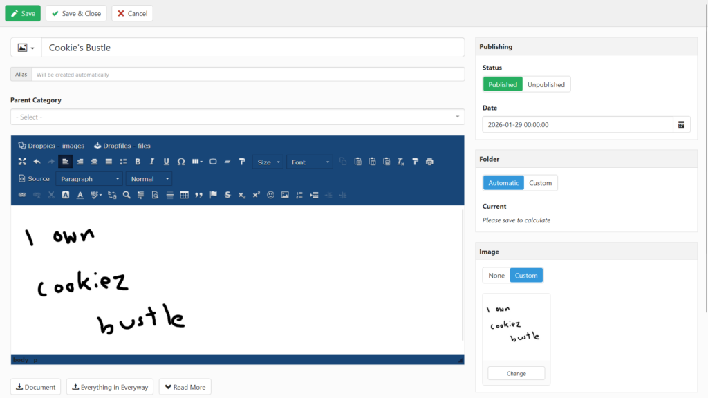 A user interface for uploading documents. The template has been filled out to mention Cookie's Bustle, with the poorly written phrase "I own cookie'z bustle" added as an image in the upload.
