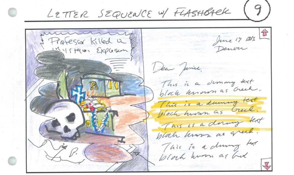 A storyboard for a scene titled "Letter Sequence w/ Flashback." It depicts a lost treasure, superimposed with the graphic of a handwritten letter.