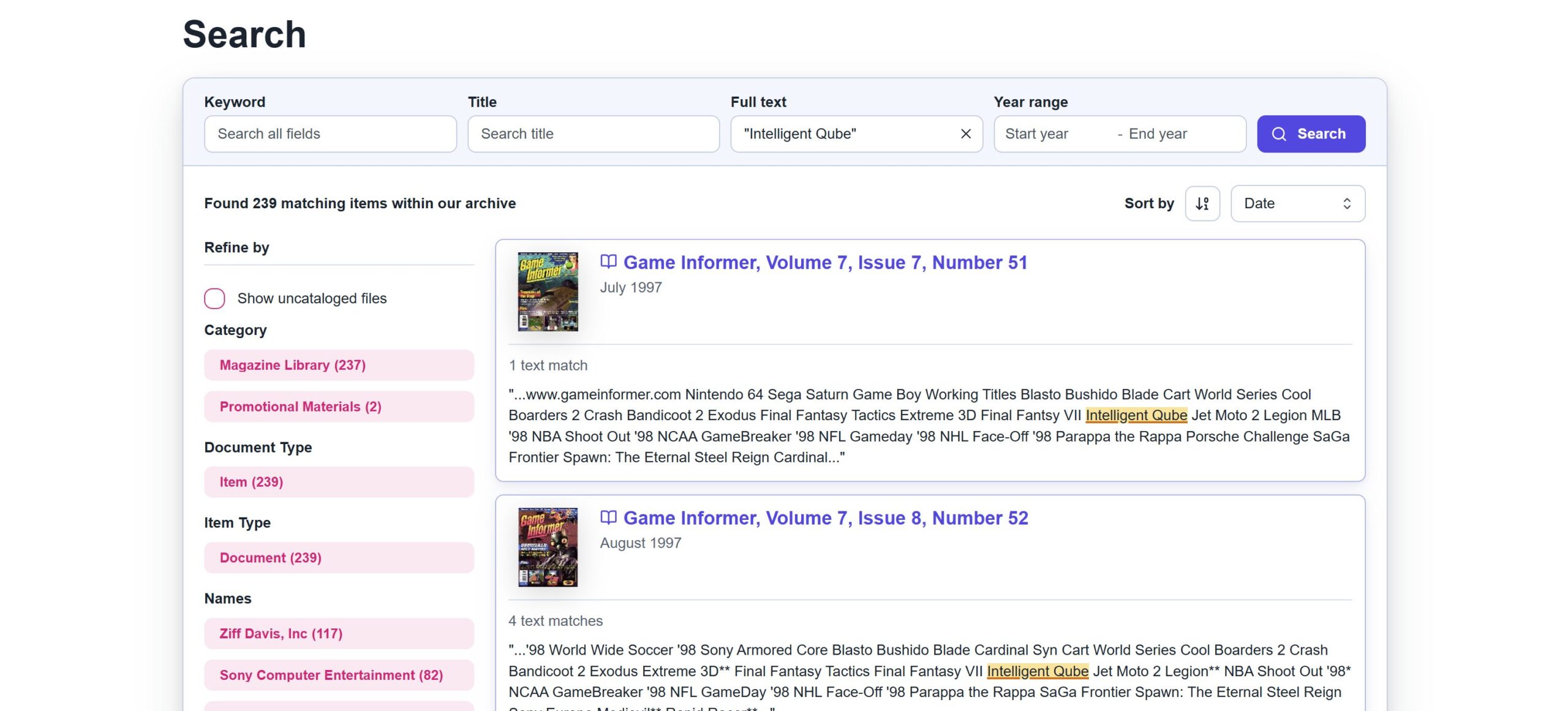 Search results for the phrase "Intelligent Qube." A large amount of nearby text is shown for each result.
