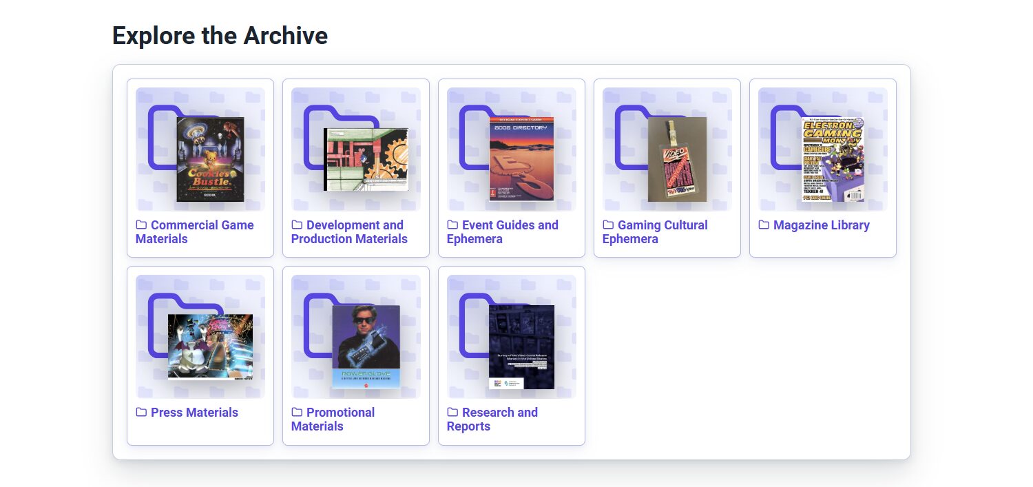 A section of the homepage titled Explore the Archive, featuring the main collection categories in the library.