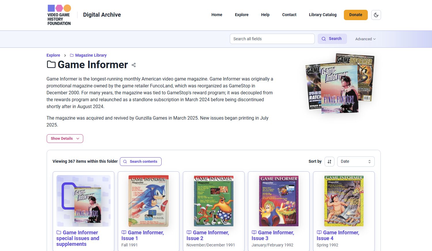 A preview page for Game Informer magazine. The page uses large, colorful thumbnails of magazine covers.