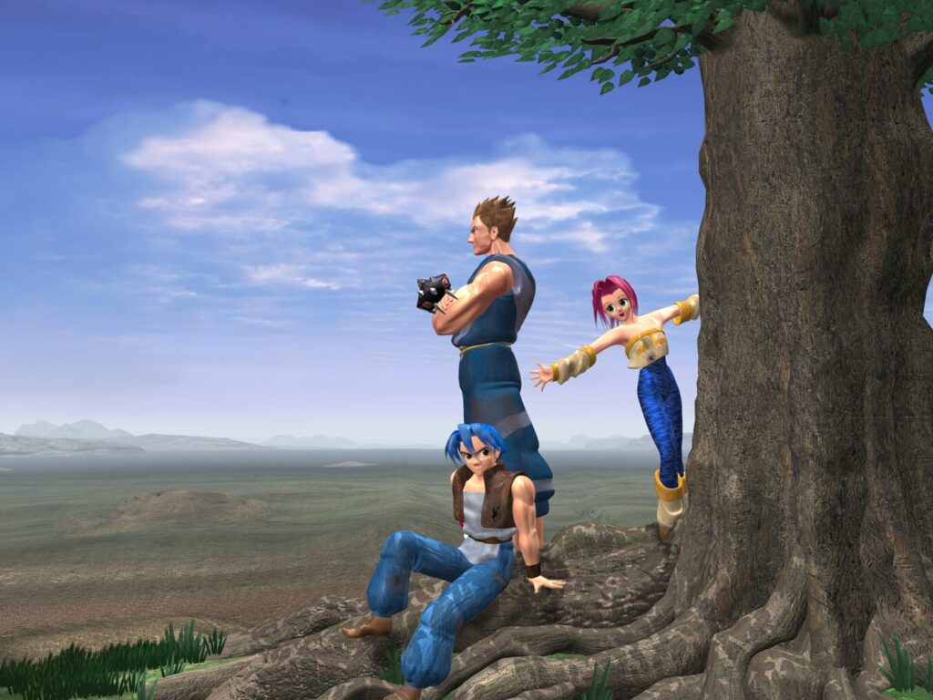 Artwork from Legend of Legaia, depicting three of the main characters looking out over a landscape.