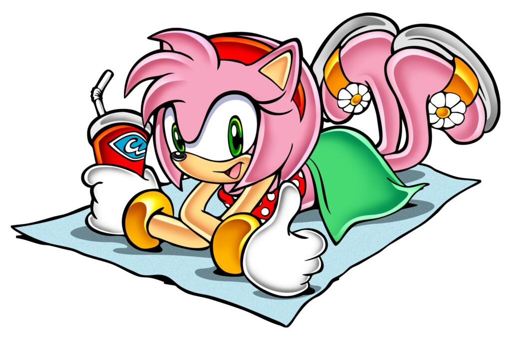 Artwork from Sonic Adventure of Amy Rose chilling out on a blanket and drinking a soda.