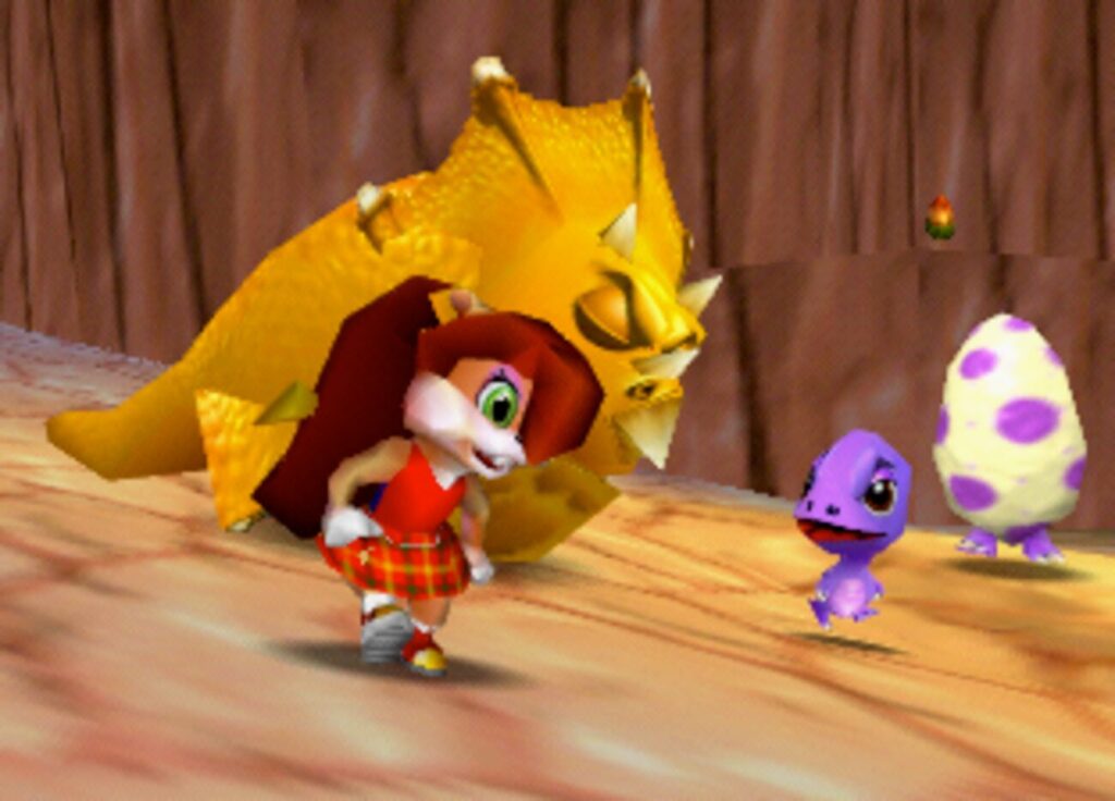 Berri, a female squirrel character, walking around with a group of dinosaurs.