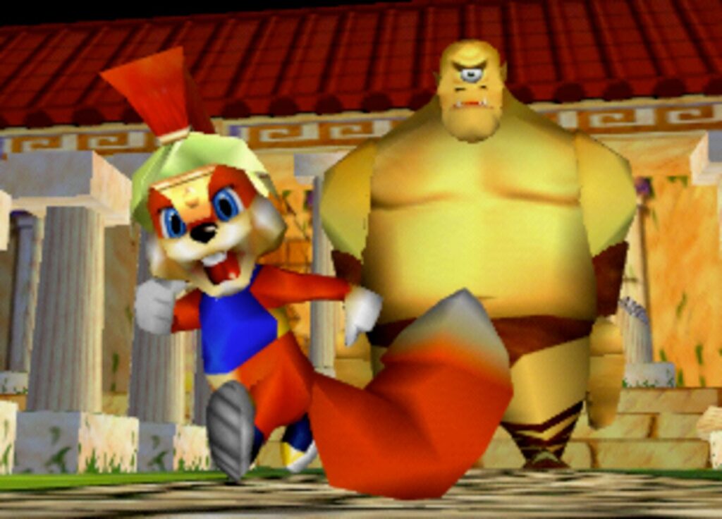 Conker in a Roman helmet running away from a cyclops.
