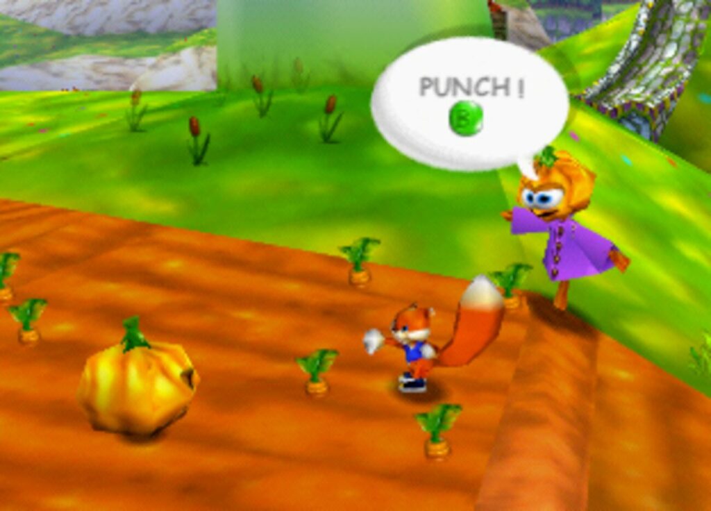 A scarecrow telling Conker to punch with the B button.