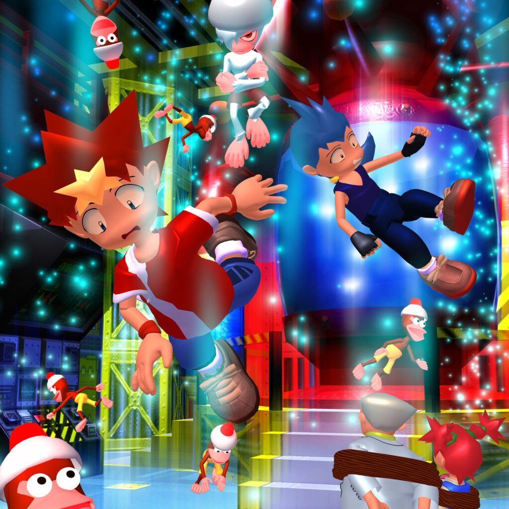 Artwork from Ape Escape, depicting the characters Spike and Jake being thrown into the air by the villain Specter.