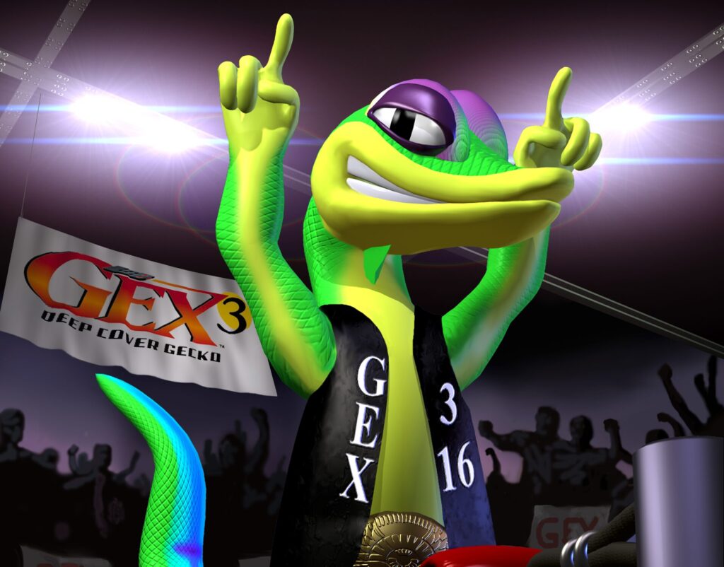 Gex standing on the rope around a wrestling ring, holding his hands in the air triumphantly. He's wearing a black leather vest that says "Gex 3:16."