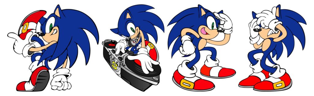 A variety of vector art drawings of Sonic in various poses, such as DJing, or cringing in pain.