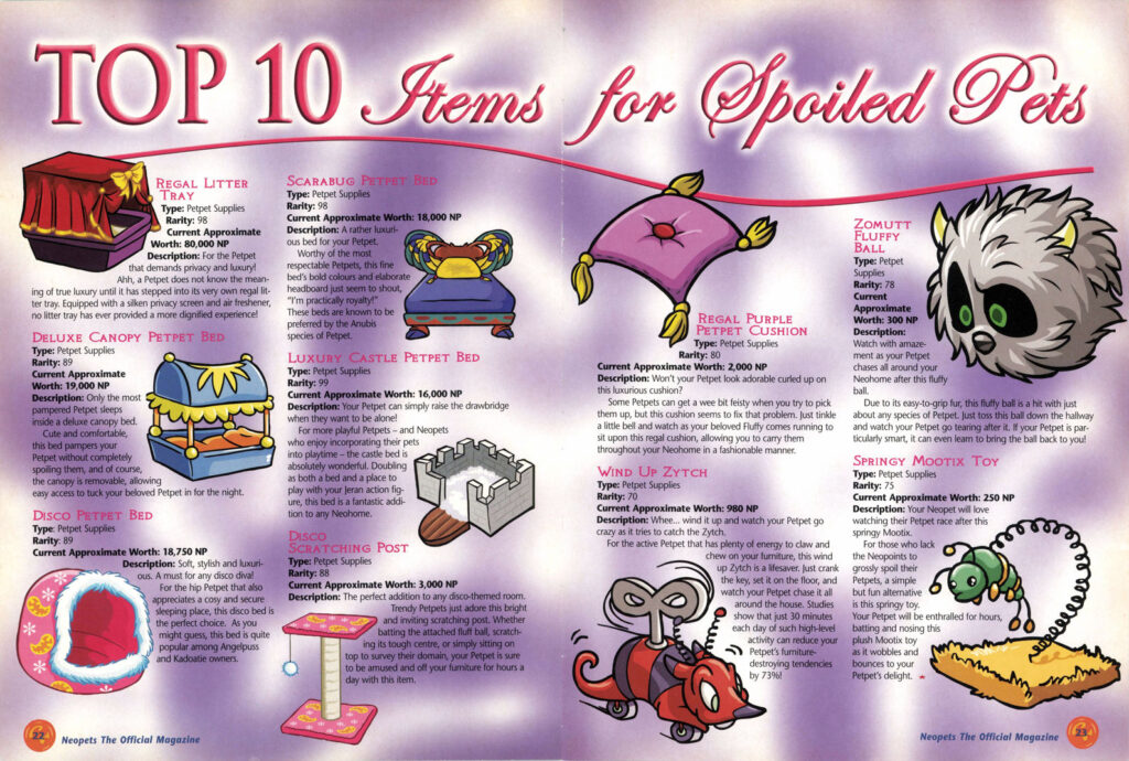 A two-page spread from Neopets The Official Magazine titled "Top 10 Items for Spoiled Pets."