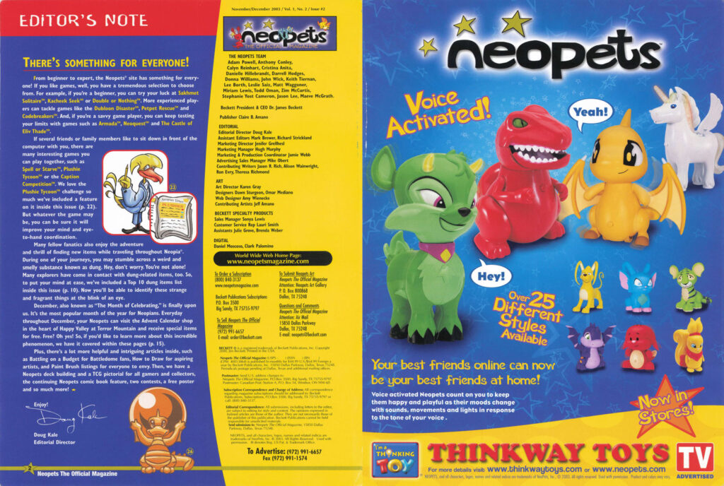 The opening pages of Neopets Magazine, with a letter from the editor and a full-page ad for Neopets voice-activated figurines.
