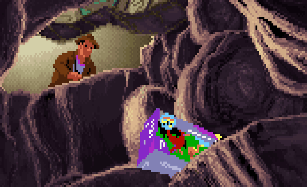 Indiana Jones looking into a crevasse, where a Paradise VGA card is on the brink of falling into a pit.