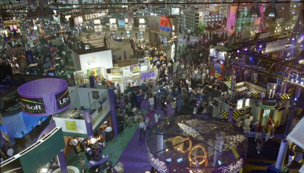 A view of the show floor at E3 1996, as seen from above.
