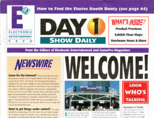 The cover of E3 Show Daily 1995, Day 1. The first headline is "Welcome!"