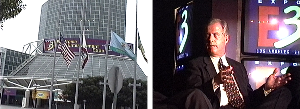 Left: the exterior of a convention center with a banner outside that says "Electronic Entertainment Expo."
Right: Tom Kalinske, a man in a suit, speaking on-stage in front of a group of televisions displaying the logo for E3 Los Angeles '96.